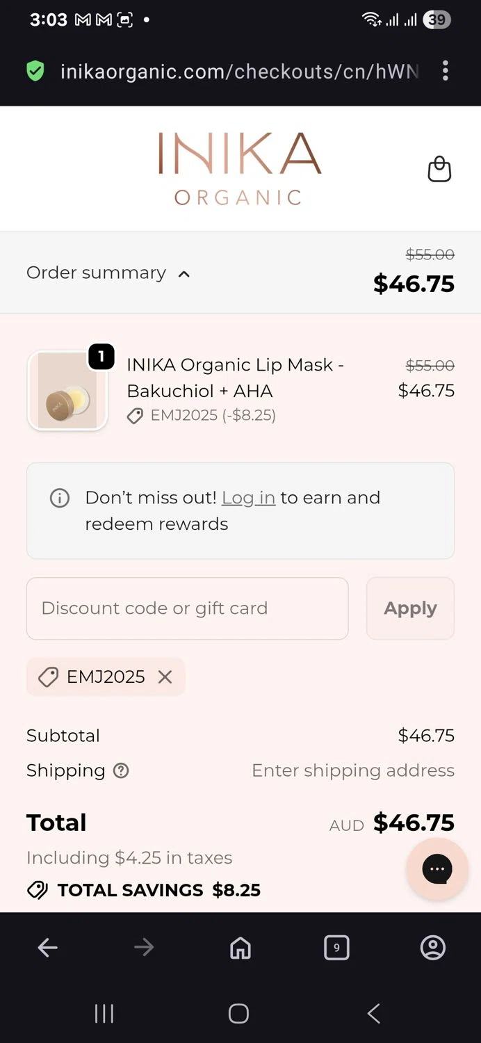 INIKA promo code screenshot showing code EMJ2025 applied at INIKA checkout page. Uploaded by SimplyCodes community member vida5254427716958 on Nov 11, 2025