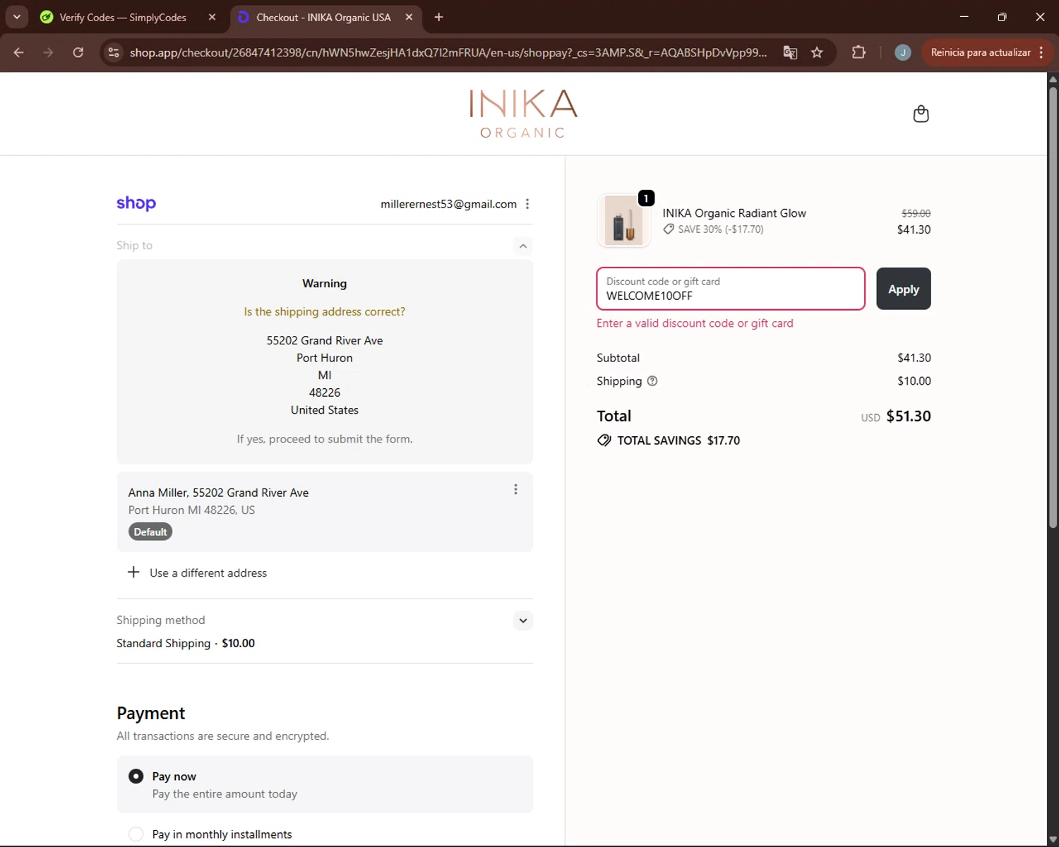 INIKA Organic US promo code screenshot showing code WELCOME10OFF applied at INIKA Organic US checkout page. Uploaded by SimplyCodes community member BonusGuardian249 on Nov 25, 2025