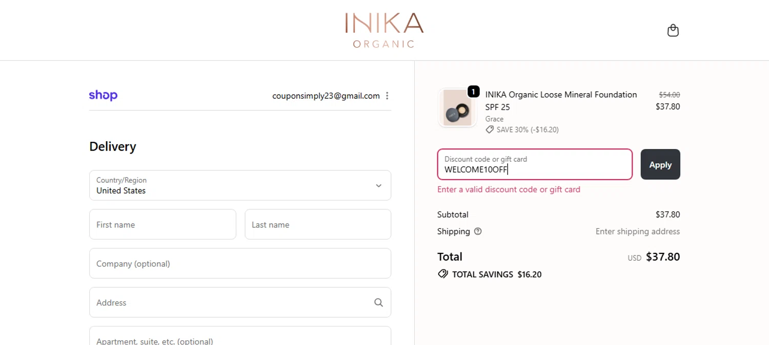 INIKA Organic US promo code screenshot showing code WELCOME10OFF applied at INIKA Organic US checkout page. Uploaded by SimplyCodes community member TomaTuYukota on Nov 25, 2025