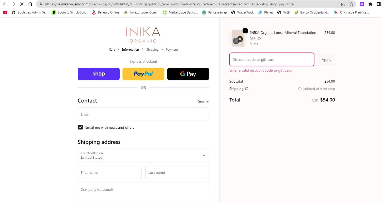 INIKA Organic US promo code screenshot showing code EMJ15 applied at INIKA Organic US checkout page. Uploaded by SimplyCodes community member pollima on Oct 11, 2025