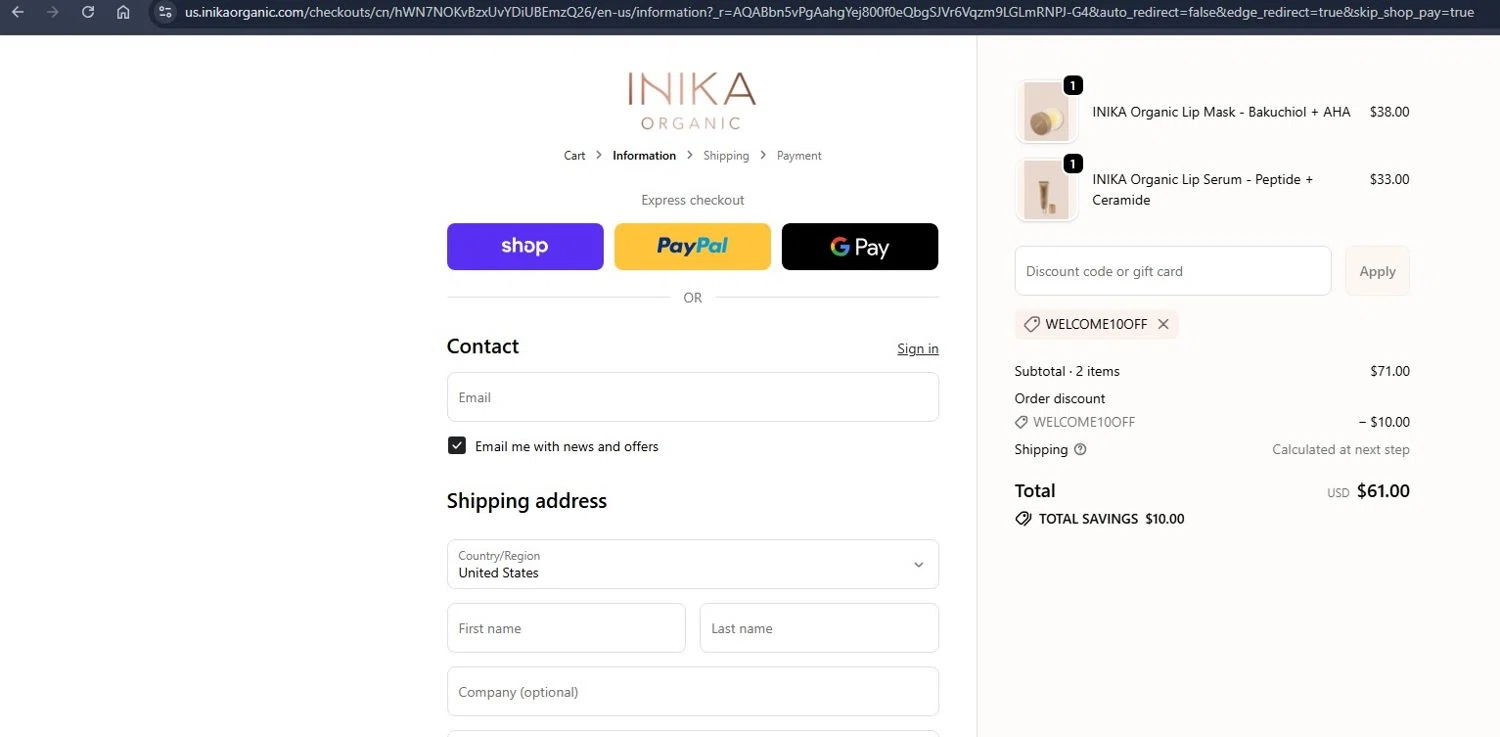 INIKA Organic US promo code screenshot showing code WELCOME10OFF applied at INIKA Organic US checkout page. Uploaded by SimplyCodes community member angelfigueroa2008 on Jan 8, 2026
