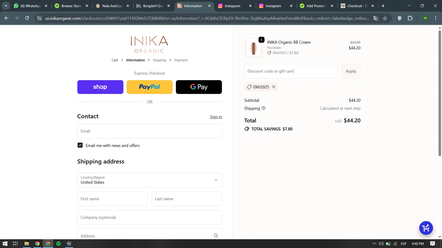 INIKA Organic US promo code screenshot showing code EMJ2025 applied at INIKA Organic US checkout page. Uploaded by SimplyCodes community member becomeaware on Nov 7, 2025