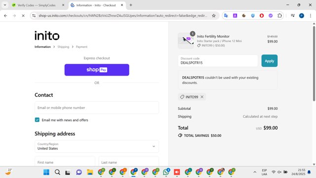 Inito checkout page showing Inito discount code box | Screenshot taken by SimplyCodes community member on Aug 25, 2025