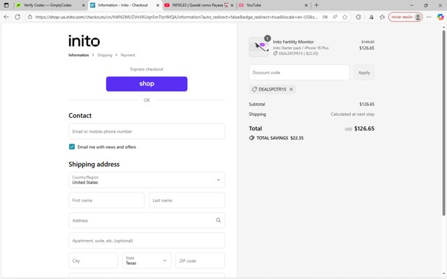 Inito checkout page showing Inito discount code box | Screenshot taken by SimplyCodes community member on Aug 29, 2025