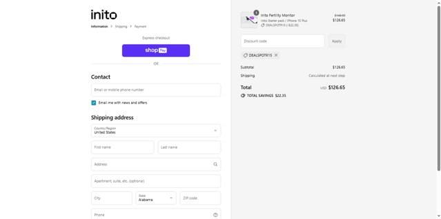 Inito checkout page showing Inito discount code box | Screenshot taken by SimplyCodes community member on Aug 19, 2025