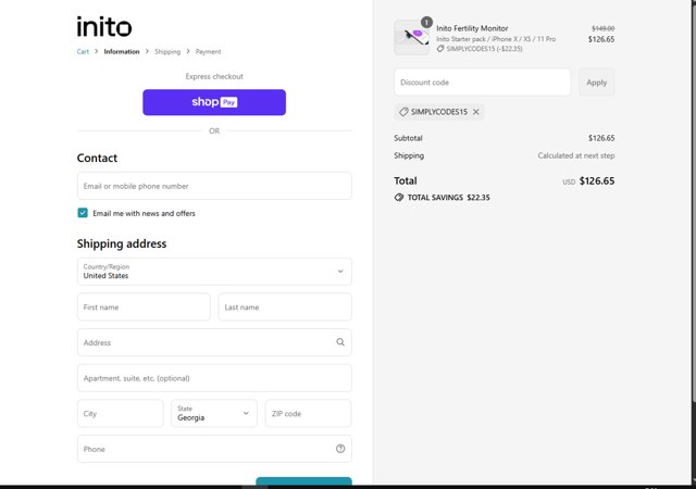Inito checkout page showing Inito discount code box | Screenshot taken by SimplyCodes community member on Aug 28, 2025