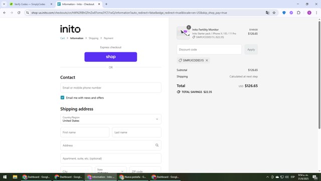 Inito checkout page showing Inito discount code box | Screenshot taken by SimplyCodes community member on Aug 31, 2025