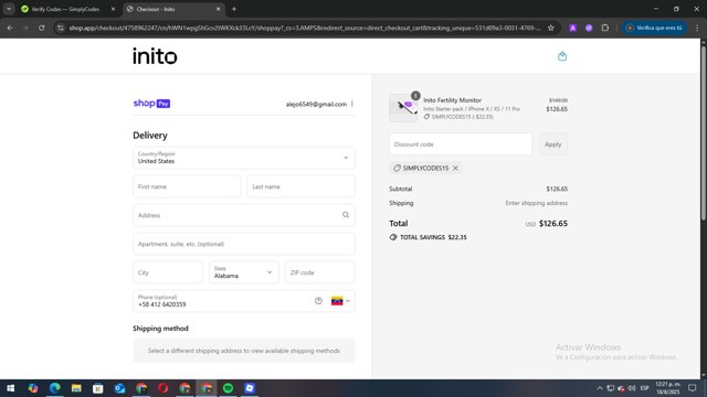 Inito checkout page showing Inito discount code box | Screenshot taken by SimplyCodes community member on Aug 18, 2025