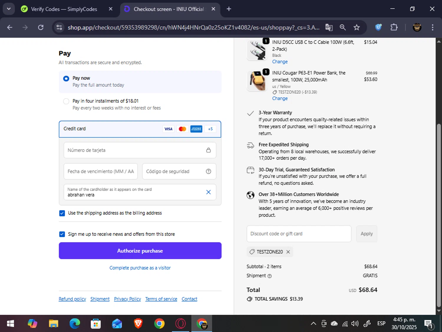 INIU Shop promo code screenshot showing code TESTZONE20 applied at INIU Shop checkout page. Uploaded by SimplyCodes community member abrahanv on Oct 30, 2025
