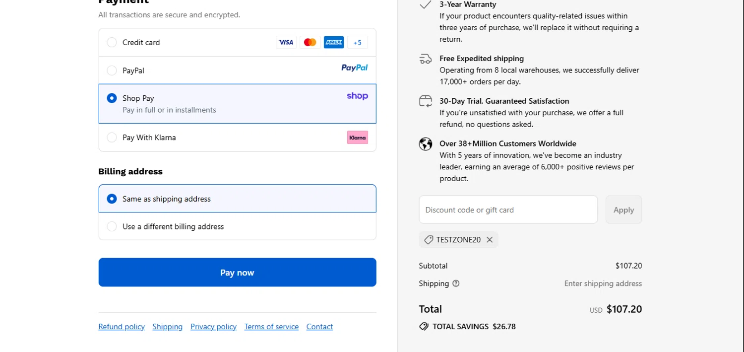 INIU Shop promo code screenshot showing code TESTZONE20 applied at INIU Shop checkout page. Uploaded by SimplyCodes community member juanisaac on Sep 18, 2025