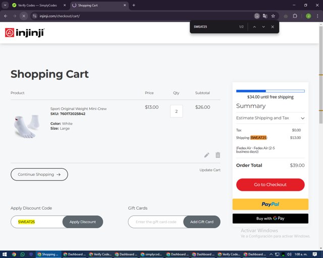 Injinji checkout page showing Injinji discount code box | Screenshot taken by SimplyCodes community member on Jan 26, 2025