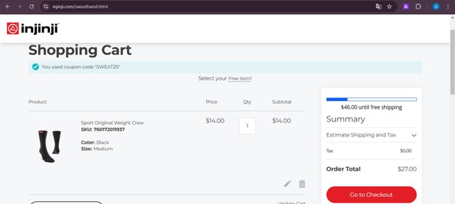 Injinji checkout page showing Injinji discount code box | Screenshot taken by SimplyCodes community member on Jan 17, 2025