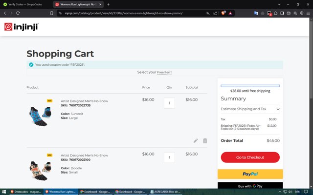 Injinji checkout page showing Injinji discount code box | Screenshot taken by SimplyCodes community member on Feb 7, 2025