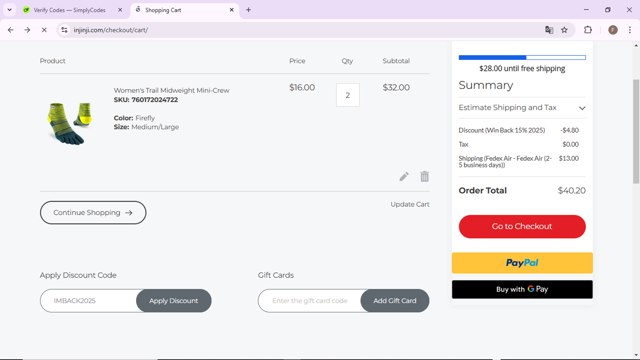 Injinji checkout page showing Injinji discount code box | Screenshot taken by SimplyCodes community member on Mar 2, 2025