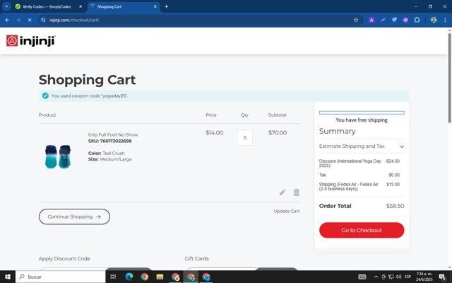 Injinji checkout page showing Injinji discount code box | Screenshot taken by SimplyCodes community member on Jun 24, 2025
