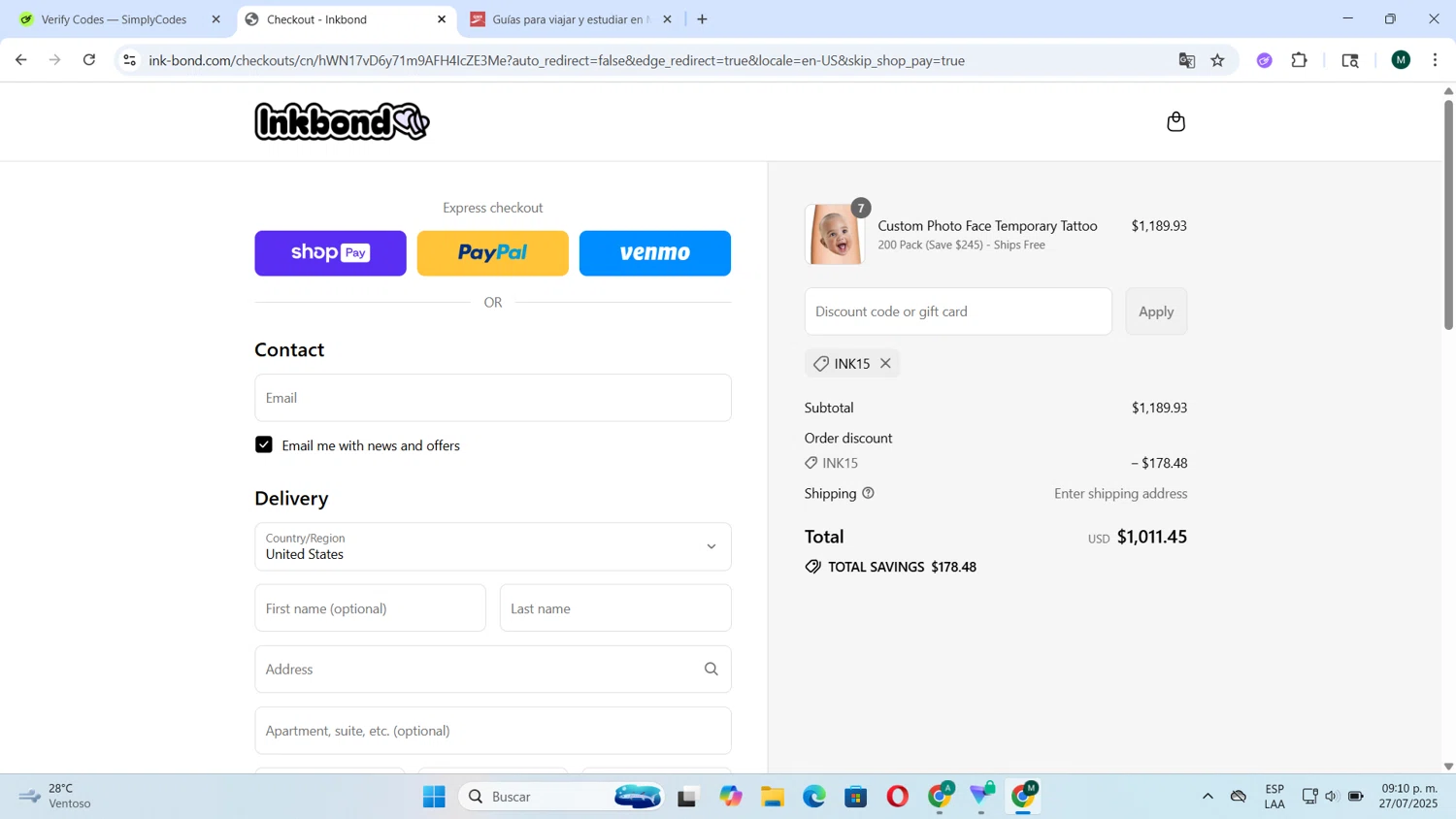 Inkbond coupon code screenshot showing code INK15 applied at Inkbond checkout page. Uploaded by SimplyCodes community member Tortu_1 on Jul 28, 2025