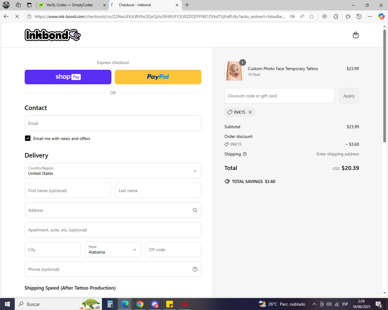Inkbond coupon code screenshot showing code INK15 applied at Inkbond checkout page. Uploaded by SimplyCodes community member jechtff10 on Jun 16, 2025