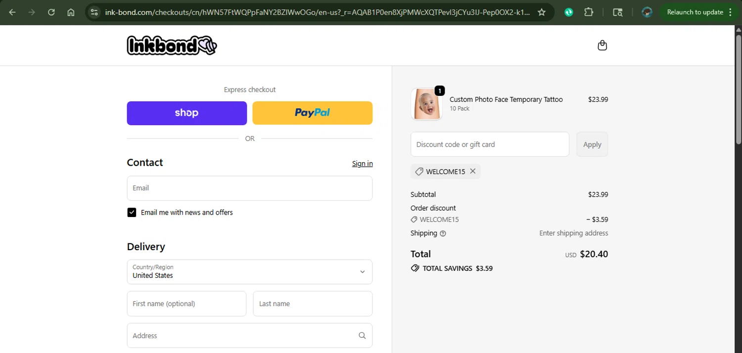 Inkbond coupon code screenshot showing code WELCOME15 applied at Inkbond checkout page. Uploaded by SimplyCodes community member MariaCorinaMachado on Nov 10, 2025