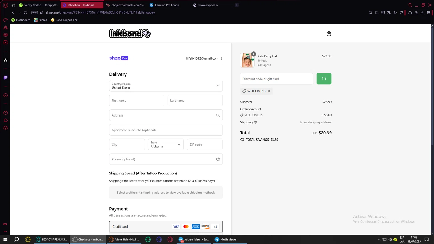 Inkbond coupon code screenshot showing code WELCOME15 applied at Inkbond checkout page. Uploaded by SimplyCodes community member ValueWarden4201 on Jul 19, 2025