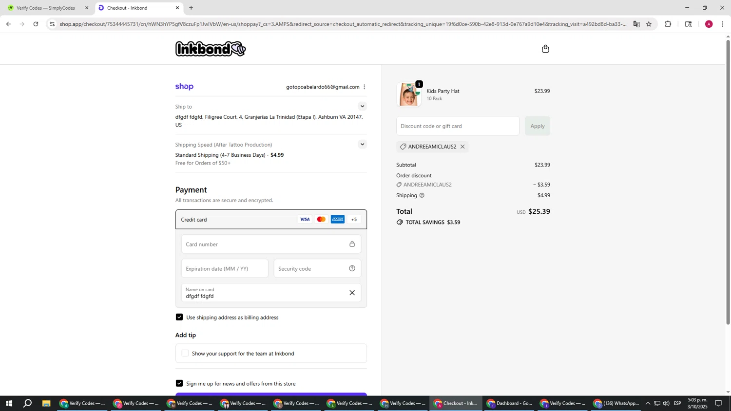 Inkbond coupon code screenshot showing code ANDREEAMICLAUS2 applied at Inkbond checkout page. Uploaded by SimplyCodes community member BMWGS1200 on Oct 3, 2025