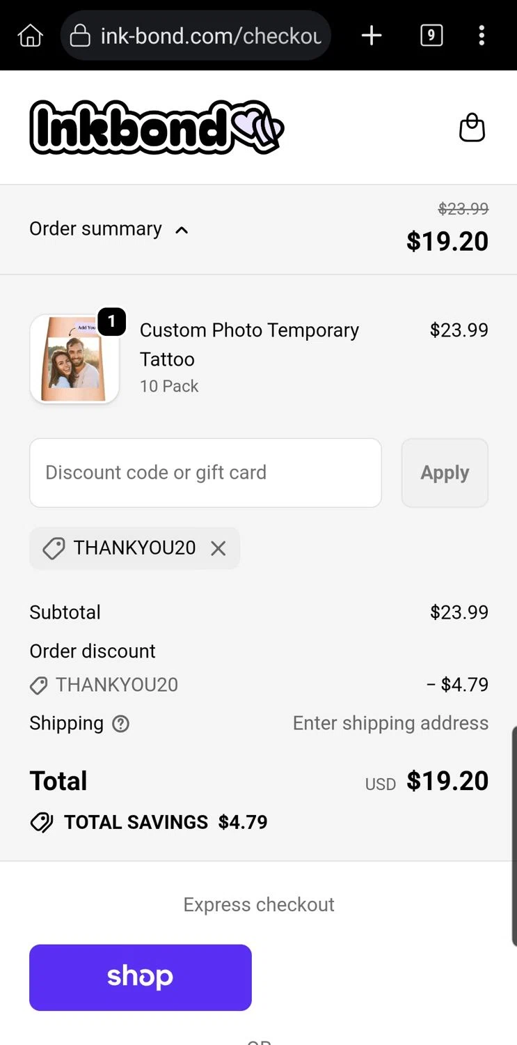 Inkbond coupon code screenshot showing code THANKYOU20 applied at Inkbond checkout page. Uploaded by SimplyCodes community member Carloslvz on Nov 10, 2025