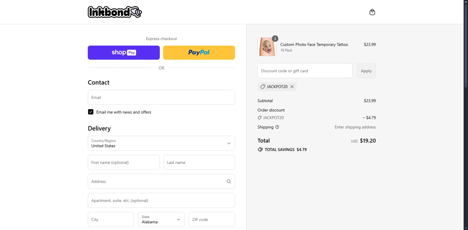 Inkbond coupon code screenshot showing code JACKPOT20 applied at Inkbond checkout page. Uploaded by SimplyCodes community member Serdanvz on Aug 27, 2025