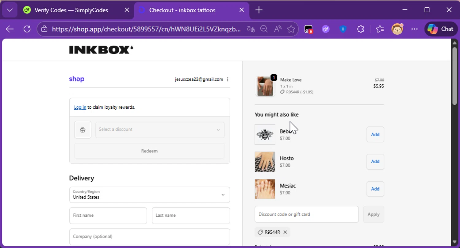 Inkbox promo code screenshot showing code R9544R applied at Inkbox checkout page. Uploaded by SimplyCodes community member Raibelys_18 on Feb 6, 2026