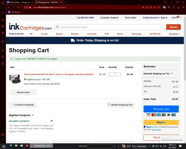 InkCartridges.com checkout page showing InkCartridges.com promo code box | Screenshot taken by SimplyCodes community member on Jul 20, 2023