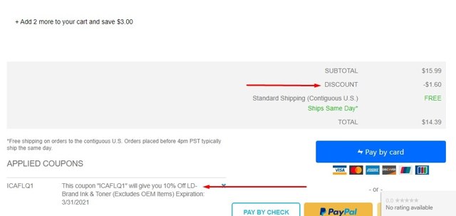 InkCartridges.com checkout page showing InkCartridges.com promo code box | Screenshot taken by SimplyCodes community member on Mar 11, 2021