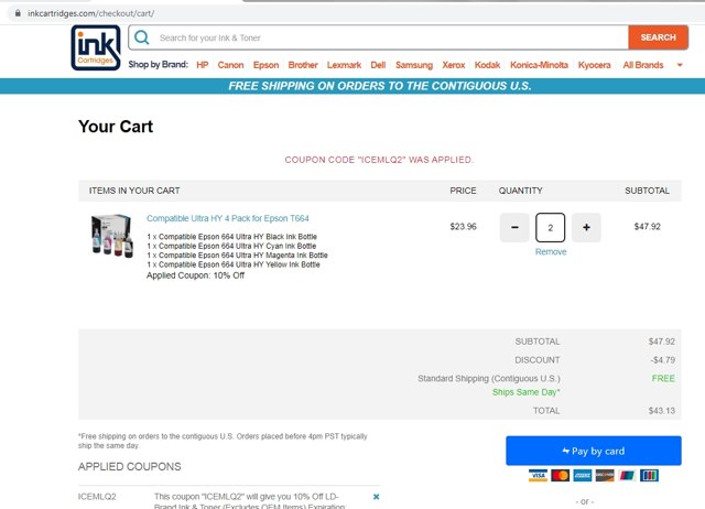 InkCartridges.com checkout page showing InkCartridges.com promo code box | Screenshot taken by SimplyCodes community member on Jul 2, 2020