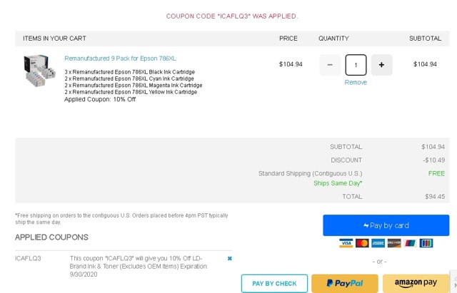 InkCartridges.com checkout page showing InkCartridges.com promo code box | Screenshot taken by SimplyCodes community member on Jul 17, 2020