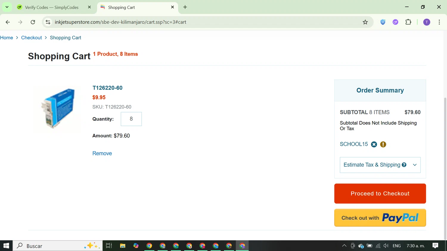 Inkjetsuperstore.com promo code screenshot showing code SCHOOL15 applied at Inkjetsuperstore.com checkout page. Uploaded by SimplyCodes community member FortunateCurator5882 on Sep 25, 2025