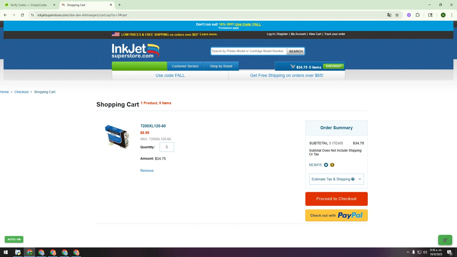 Inkjetsuperstore.com promo code screenshot showing code MOM15 applied at Inkjetsuperstore.com checkout page. Uploaded by SimplyCodes community member INSECTOS on Sep 10, 2025