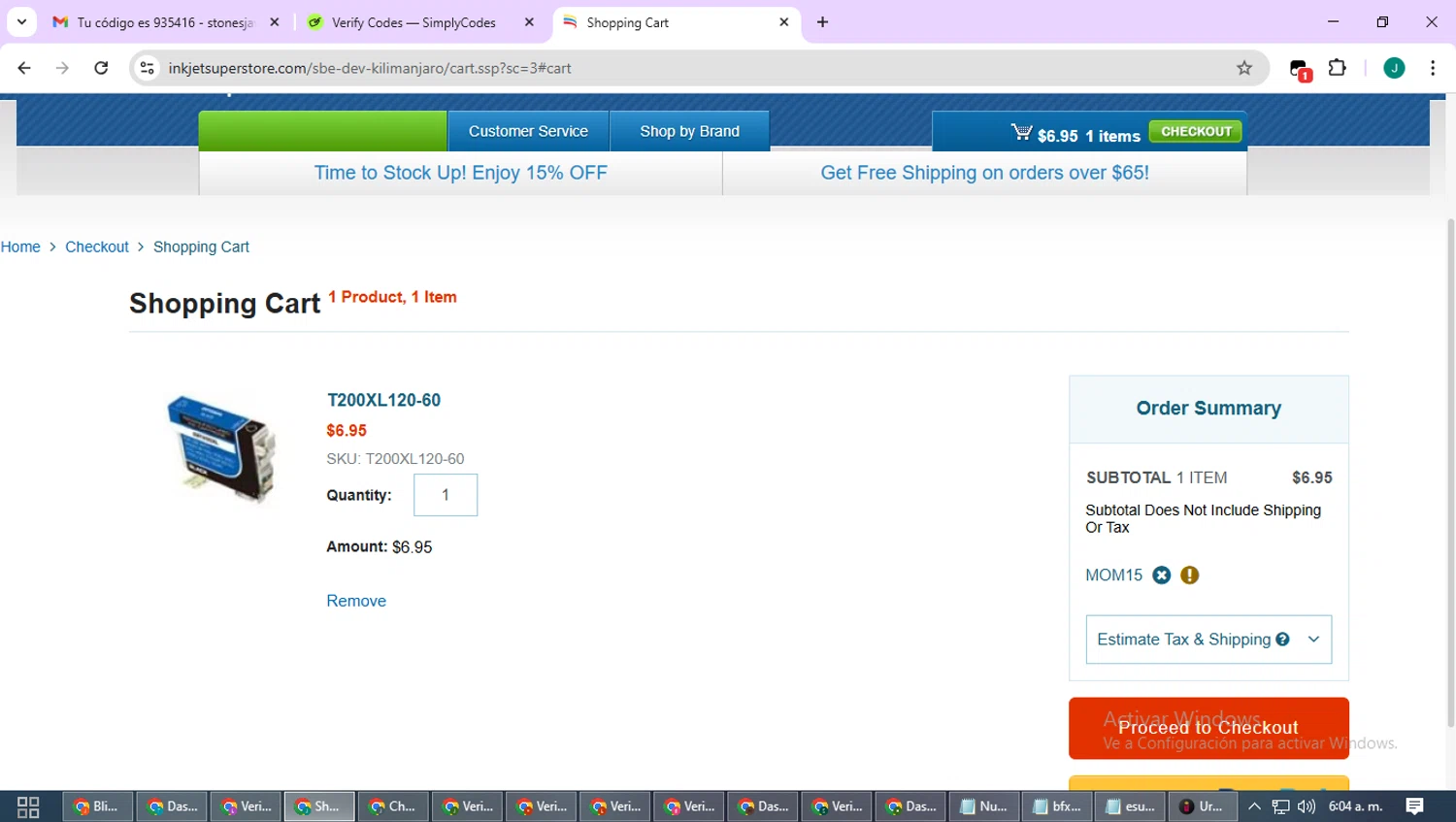 Inkjetsuperstore.com promo code screenshot showing code MOM15 applied at Inkjetsuperstore.com checkout page. Uploaded by SimplyCodes community member SavvyCurator1770 on Oct 9, 2025