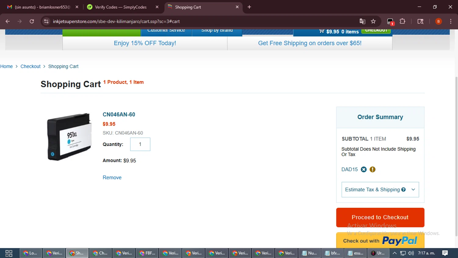 Inkjetsuperstore.com promo code screenshot showing code DAD15 applied at Inkjetsuperstore.com checkout page. Uploaded by SimplyCodes community member DiscountExpert6435 on Nov 6, 2025
