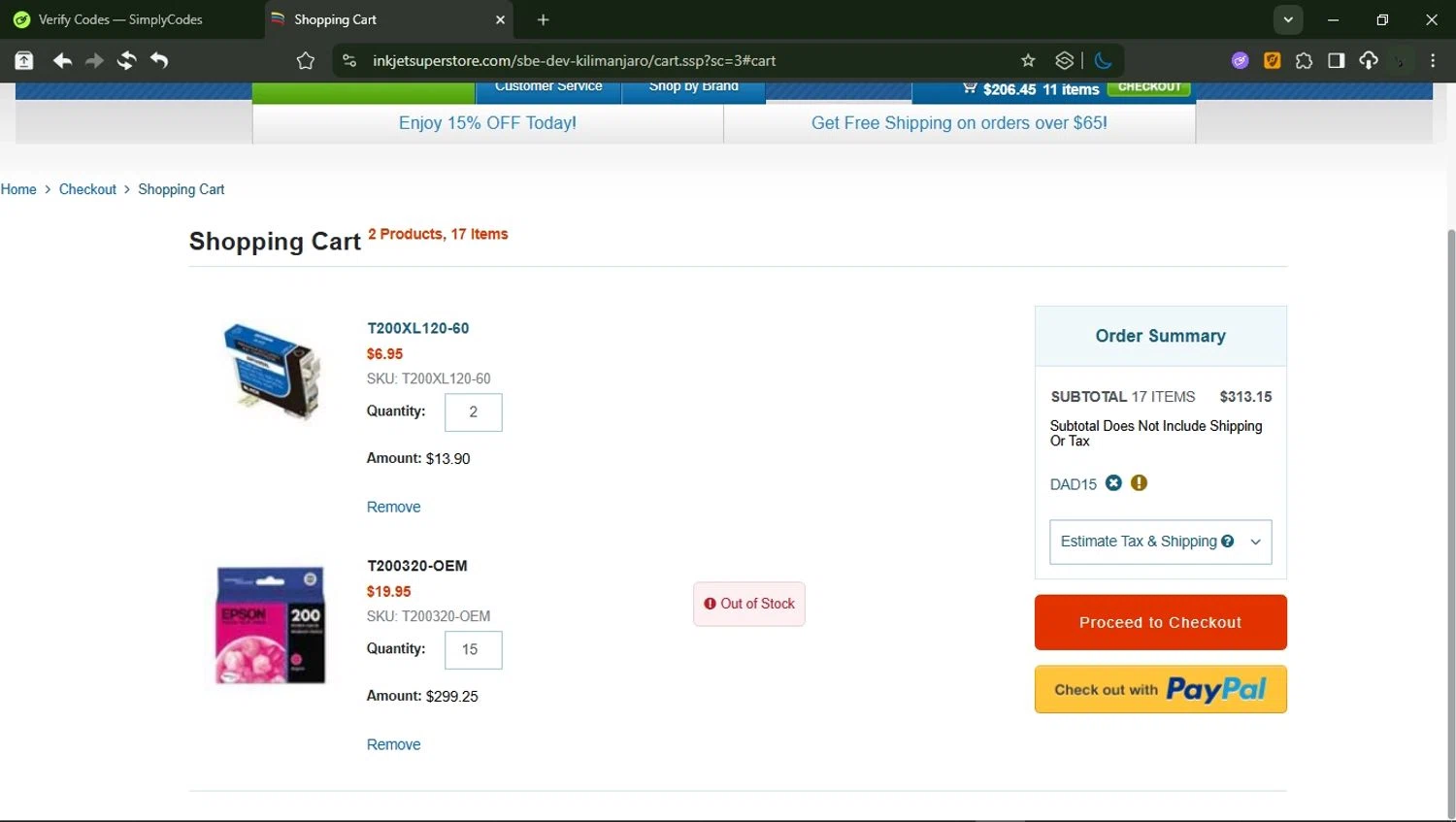 Inkjetsuperstore.com promo code screenshot showing code DAD15 applied at Inkjetsuperstore.com checkout page. Uploaded by SimplyCodes community member RewardMonarch1185 on Dec 5, 2025