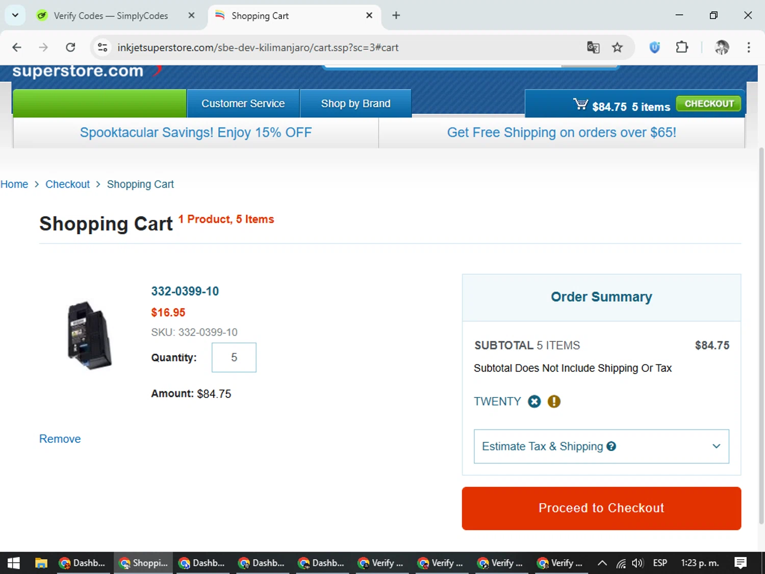 Inkjetsuperstore.com promo code screenshot showing code TWENTY applied at Inkjetsuperstore.com checkout page. Uploaded by SimplyCodes community member CleverLegend6607 on Oct 25, 2025