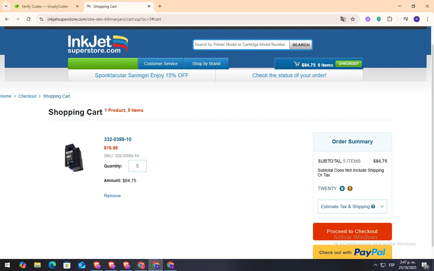 Inkjetsuperstore.com promo code screenshot showing code TWENTY applied at Inkjetsuperstore.com checkout page. Uploaded by SimplyCodes community member NobleFox9153 on Oct 25, 2025