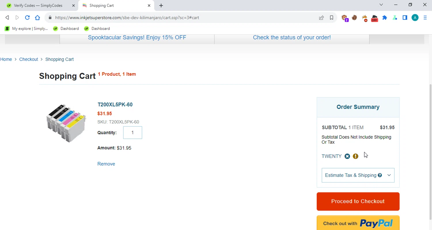 Inkjetsuperstore.com promo code screenshot showing code TWENTY applied at Inkjetsuperstore.com checkout page. Uploaded by SimplyCodes community member ShrewdGuardian2547 on Oct 25, 2025