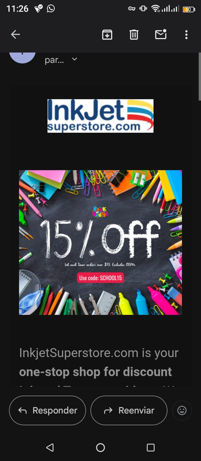 Inkjetsuperstore.com promo code screenshot showing code School15 applied at Inkjetsuperstore.com checkout page. Uploaded by SimplyCodes community member jimmytheis on Jul 29, 2025