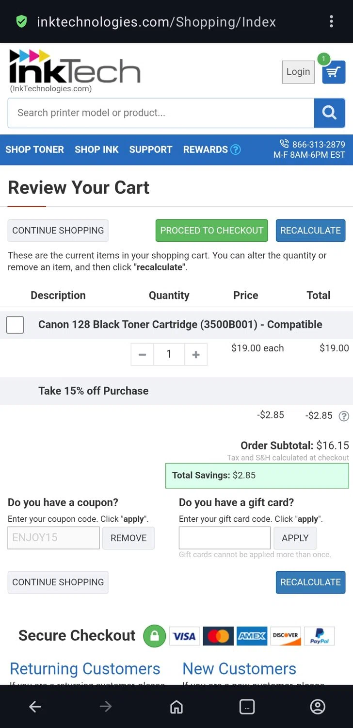 Ink Technologies coupon code screenshot showing code ENJOY15 applied at Ink Technologies checkout page. Uploaded by SimplyCodes community member guest_623525963 on Jun 22, 2025