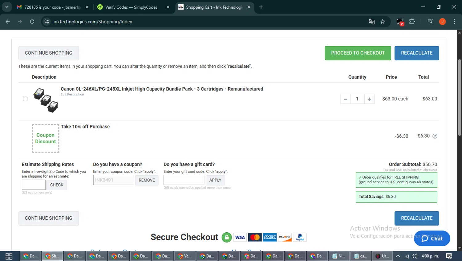 Ink Technologies checkout page showing Ink Technologies coupon code box | Screenshot taken by SimplyCodes community member on Dec 30, 2025
