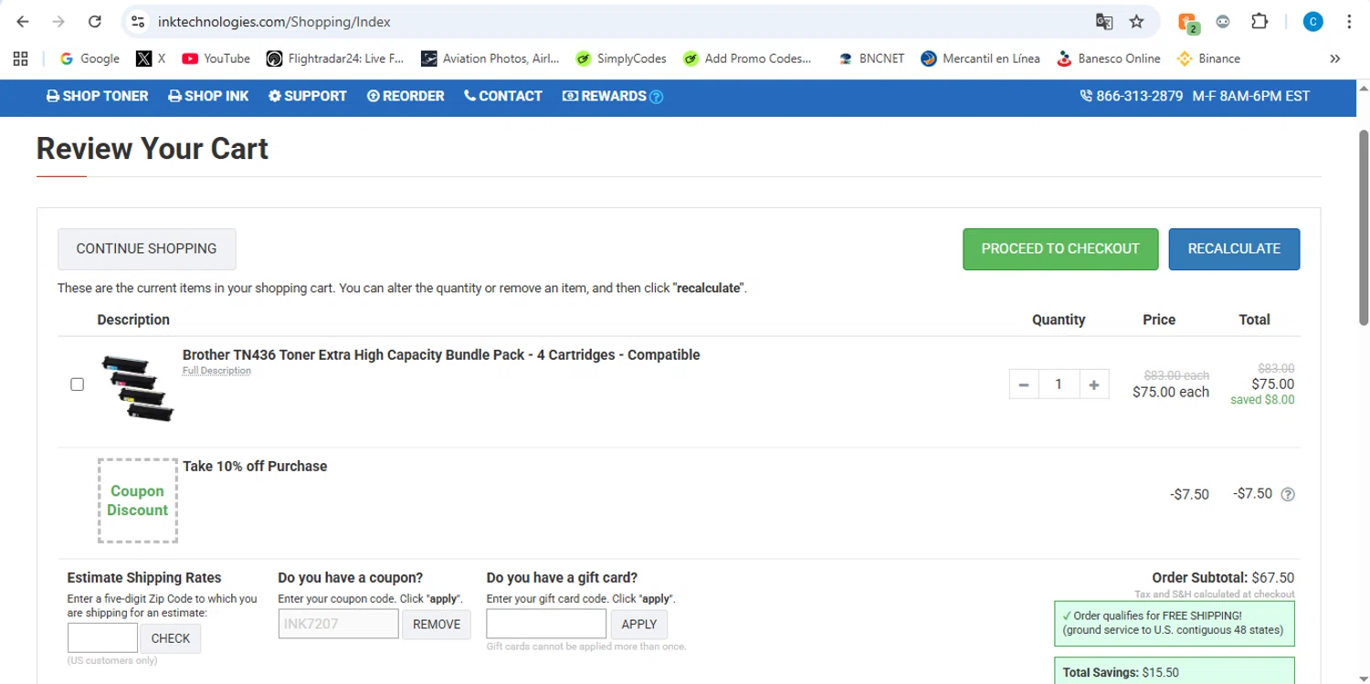 Ink Technologies coupon code screenshot showing code INK7207 applied at Ink Technologies checkout page. Uploaded by SimplyCodes community member victor on Feb 8, 2026