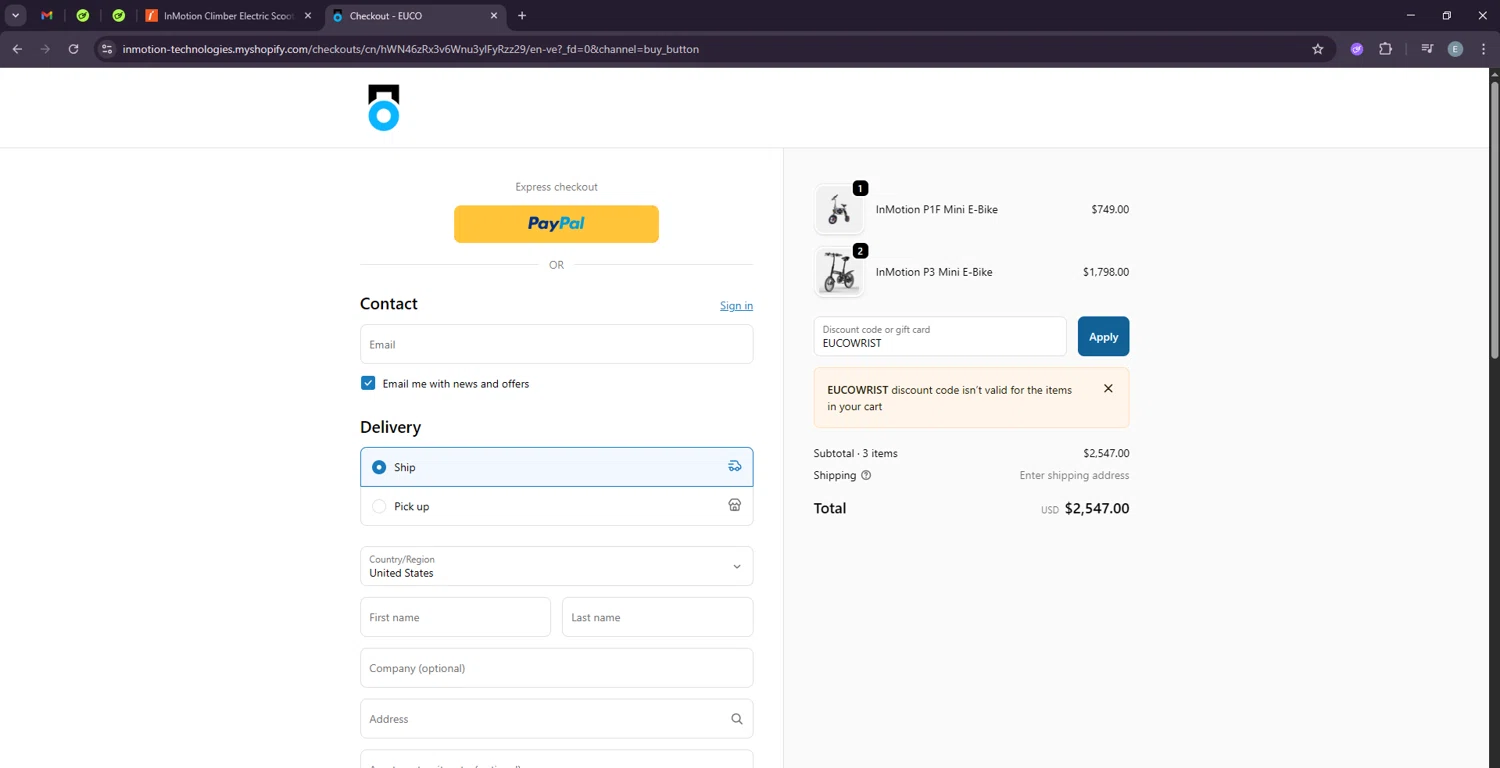 InMotion coupon code screenshot showing code EUCOWRIST applied at InMotion checkout page. Uploaded by SimplyCodes community member LuckyExpert7689 on Oct 14, 2025