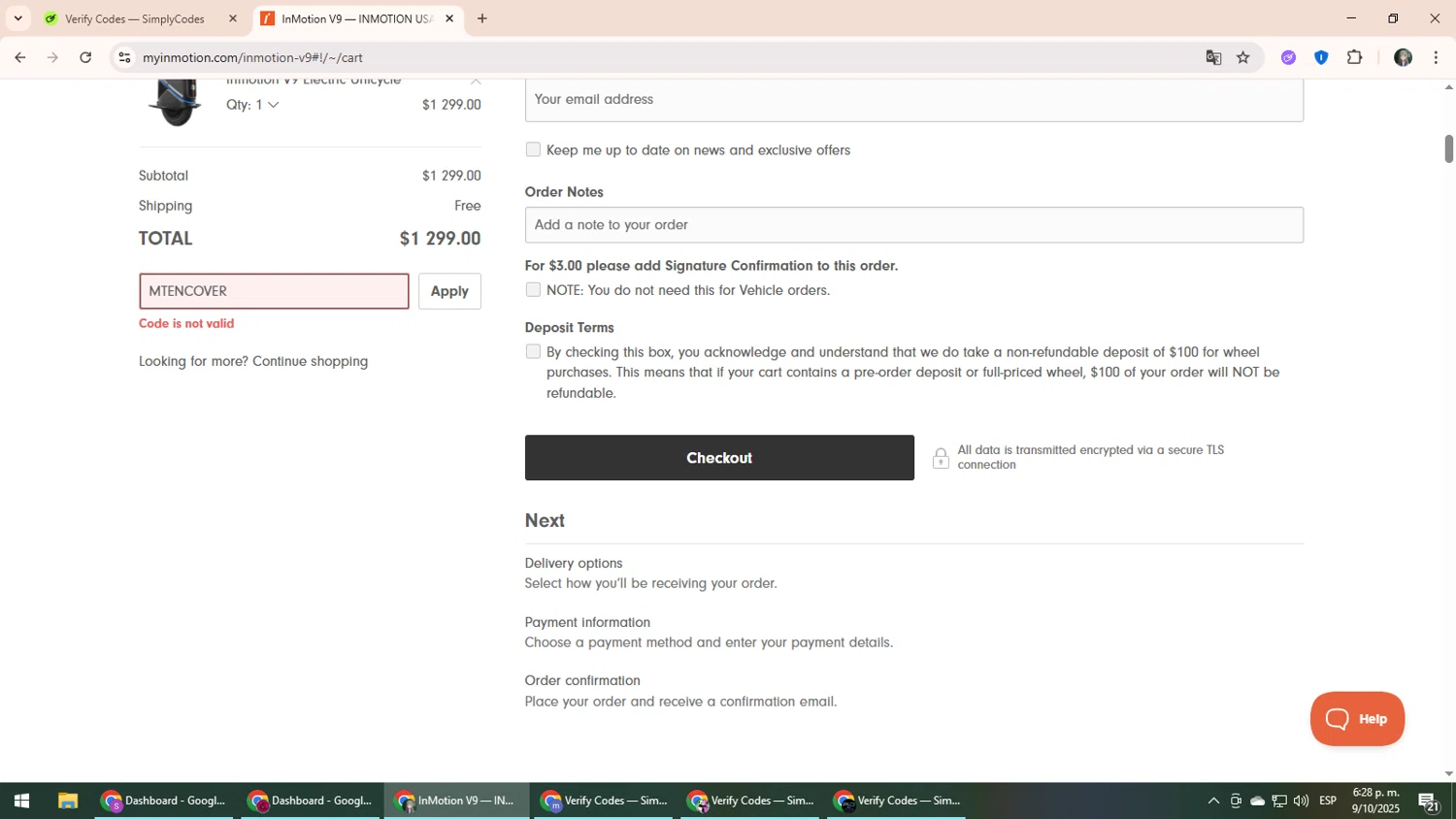 InMotion coupon code screenshot showing code MTENCOVER applied at InMotion checkout page. Uploaded by SimplyCodes community member CleverLynx6871 on Oct 9, 2025