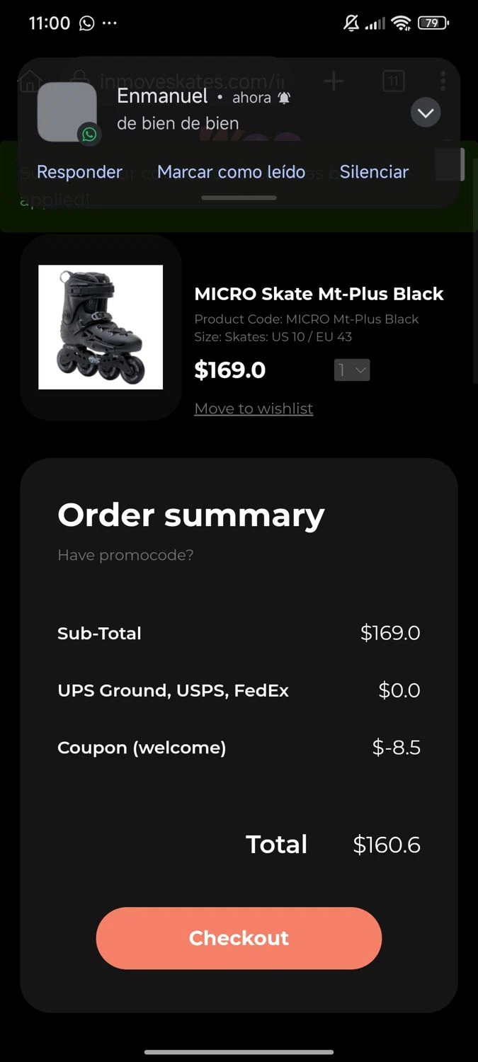 InMove Skates promo code screenshot showing code welcome applied at InMove Skates checkout page. Uploaded by SimplyCodes community member Enmanuel17 on Oct 12, 2025