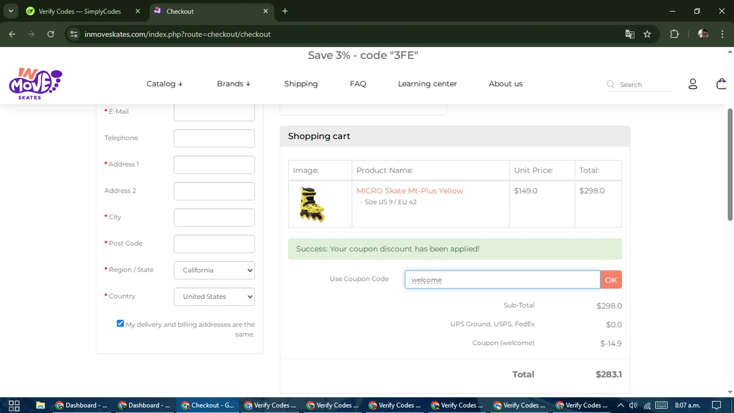 InMove Skates promo code screenshot showing code welcome applied at InMove Skates checkout page. Uploaded by SimplyCodes community member DiscountSeeker682 on Mar 26, 2025