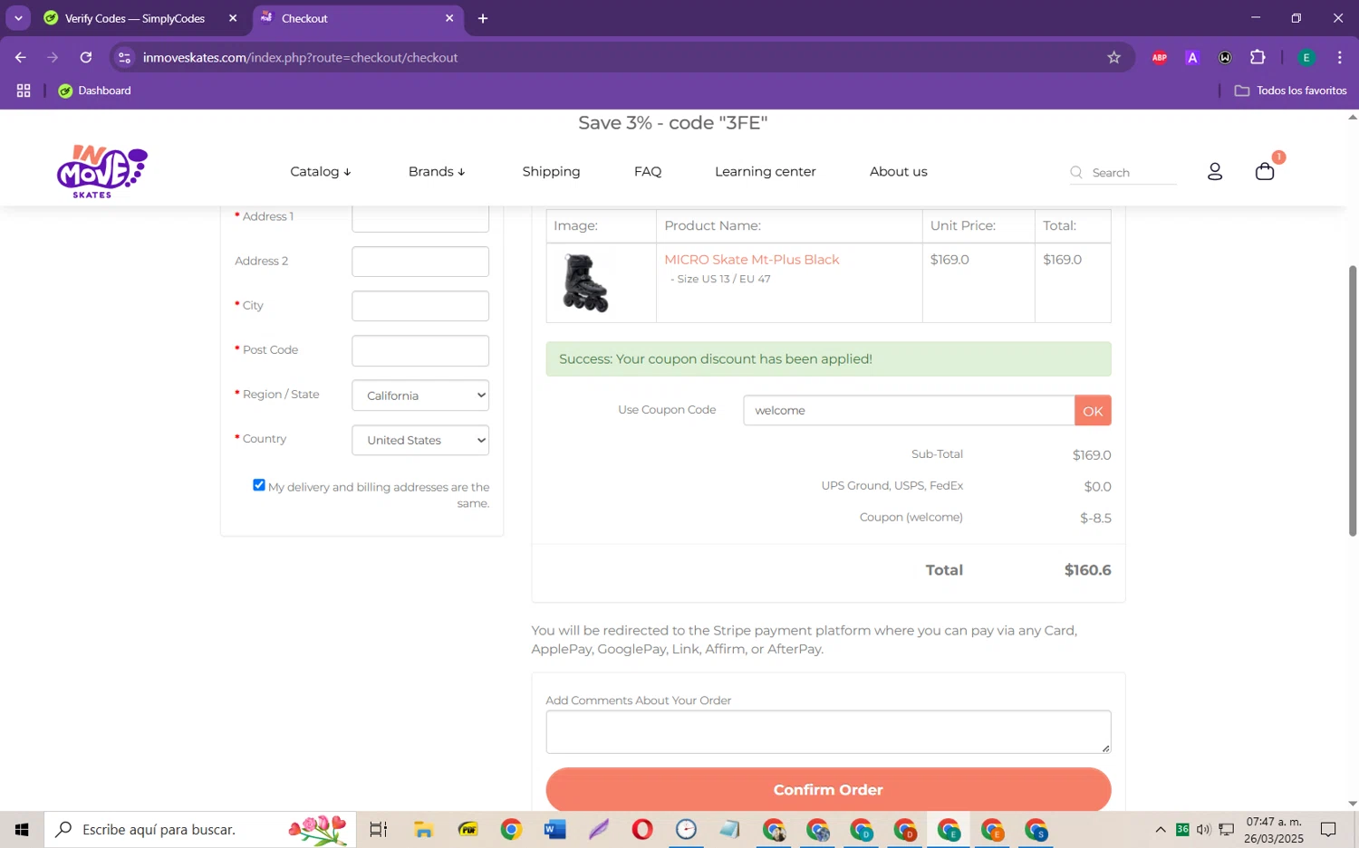 InMove Skates promo code screenshot showing code welcome applied at InMove Skates checkout page. Uploaded by SimplyCodes community member RebateScholar429 on Mar 26, 2025