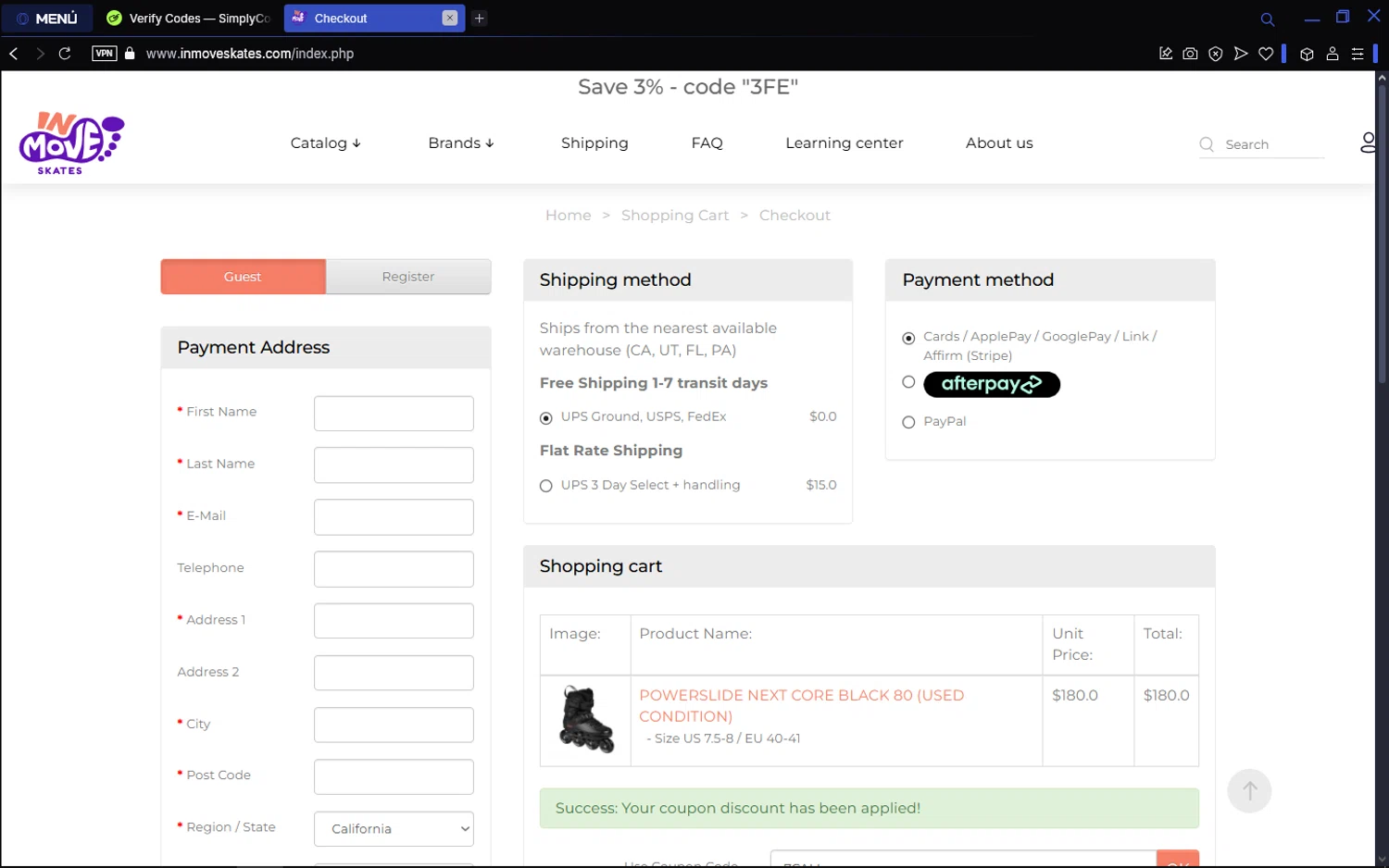 InMove Skates promo code screenshot showing code 7CALI applied at InMove Skates checkout page. Uploaded by SimplyCodes community member batmann_28 on Mar 27, 2025