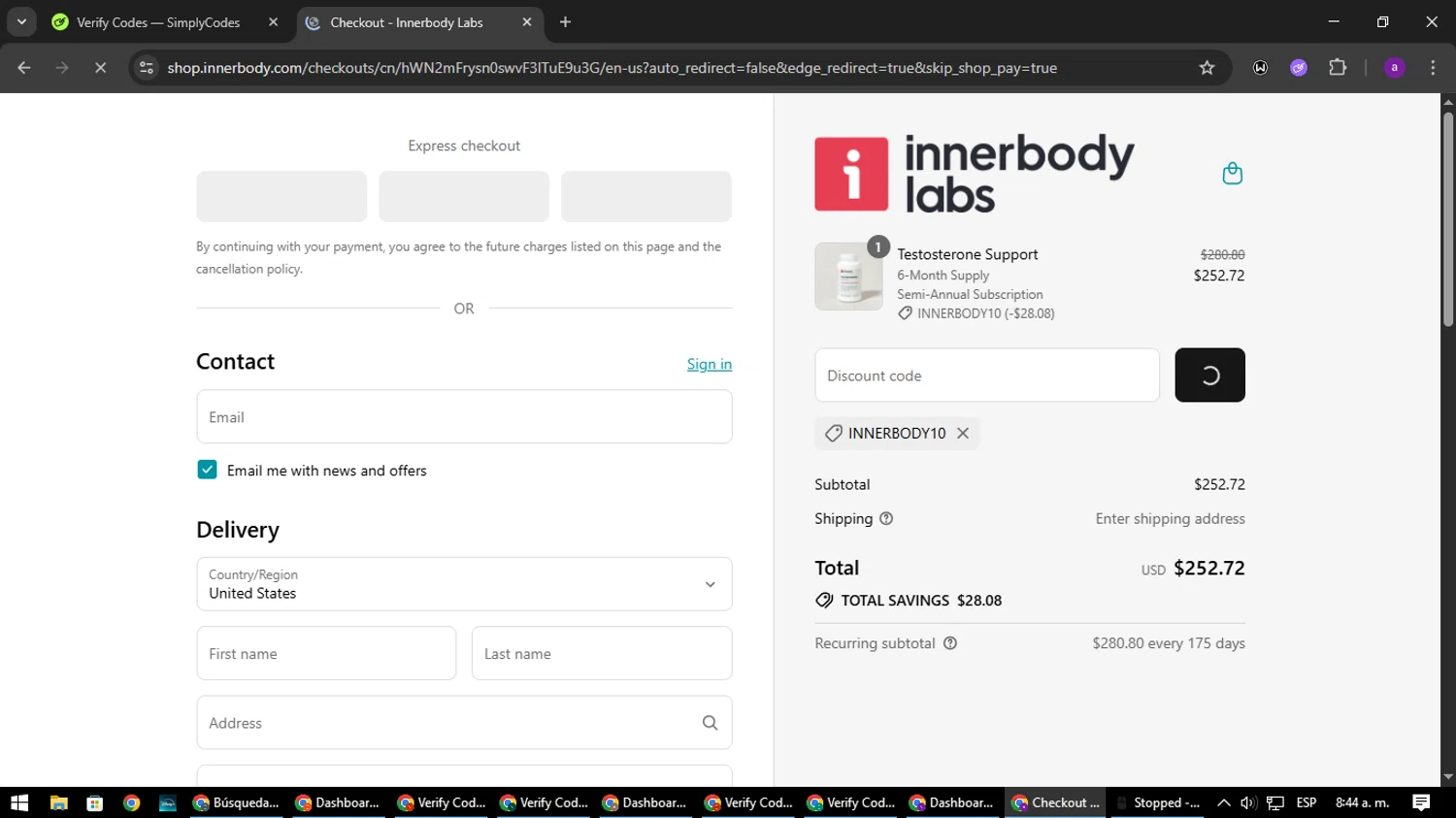 Innerbody Research promo code screenshot showing code INNERBODY10 applied at Innerbody Research checkout page. Uploaded by SimplyCodes community member CoinElite8997 on Sep 9, 2025